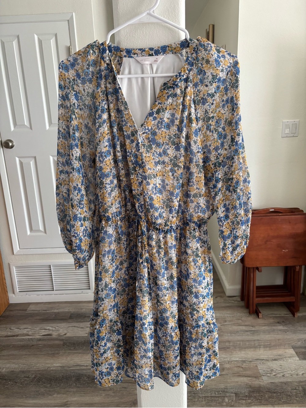 LC Lauren Conrad Blue and Gold Floral V-Neck Tiered Long Sleeve Dress